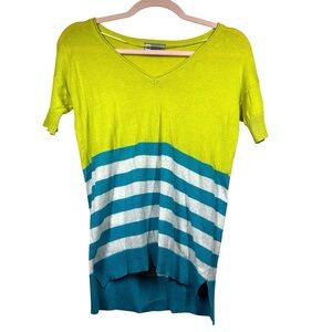 JCP Vibrant Green and Blue Striped V-Neck Top XS